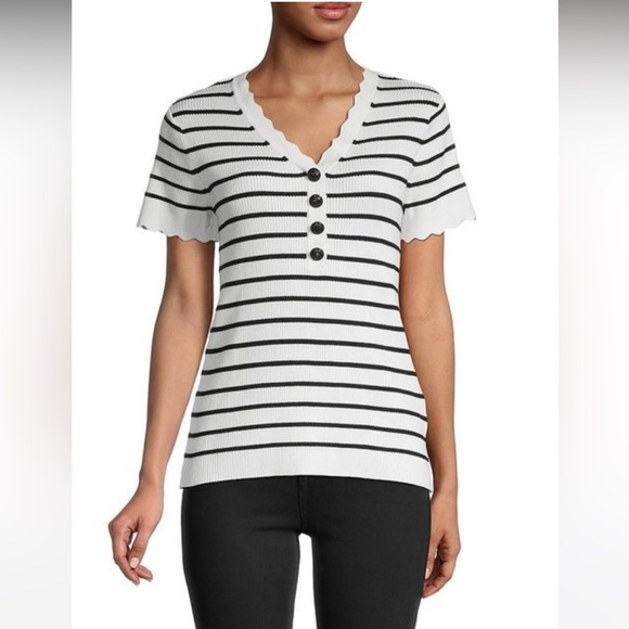 Karl Lagerfeld Paris Striped Ribbed Top - Picture 1 of 7